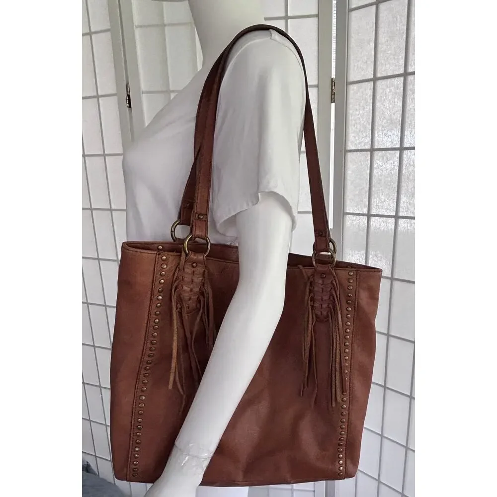 The Sak Cognac Leather Tote Bag Studded Fringe Large Boho Shoulder Bag  Festival - Picture 2 of 13